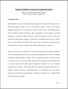 Insolvent Landlords: Concerns of a Commercial Tenant Mervyn D. Abramowitz and Stephen Wolpert Kronis, Rotsztain, Margles, Cappel LLP